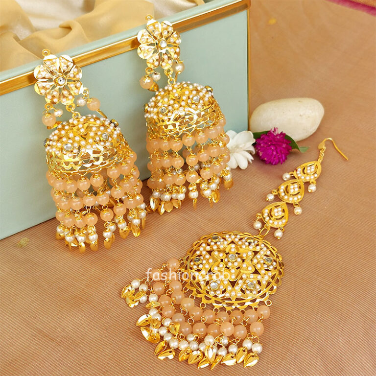 Peach Heavy Jadau Jhumka Earrings for Punjabi Suit