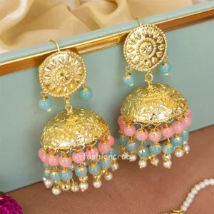 Punjabi Style Blue Pink Jhumka with Maangtikka