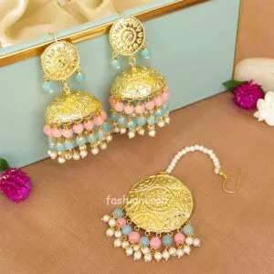 Punjabi Style Blue Pink Jhumka with Maangtikka