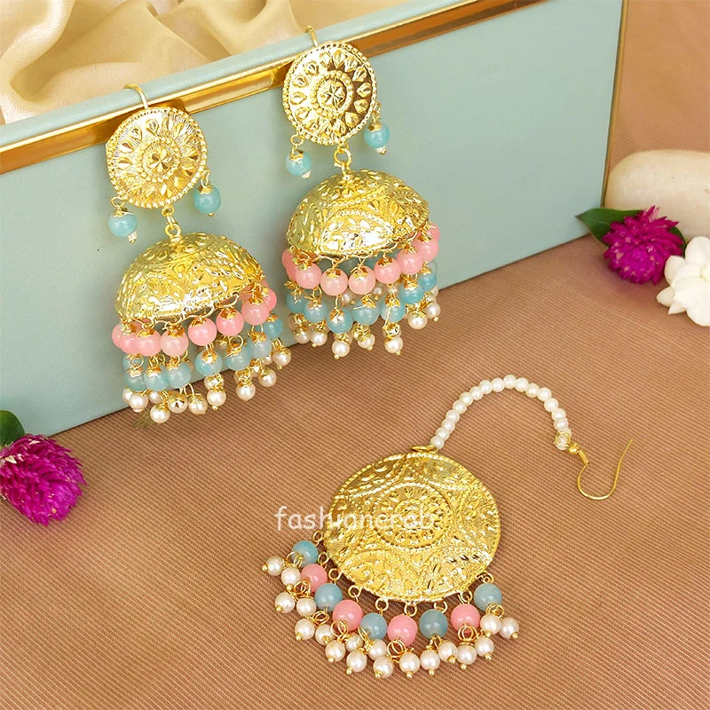 Punjabi Style Blue Pink Jhumka with Maangtikka