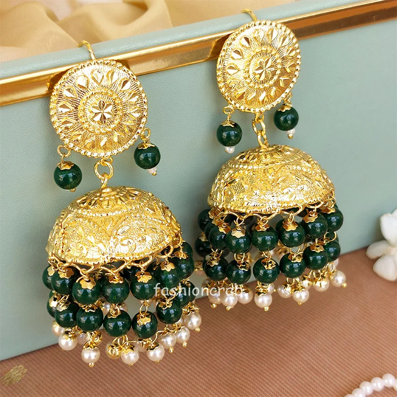 Punjabi Style Dark Green Jhumka with Maangtikka