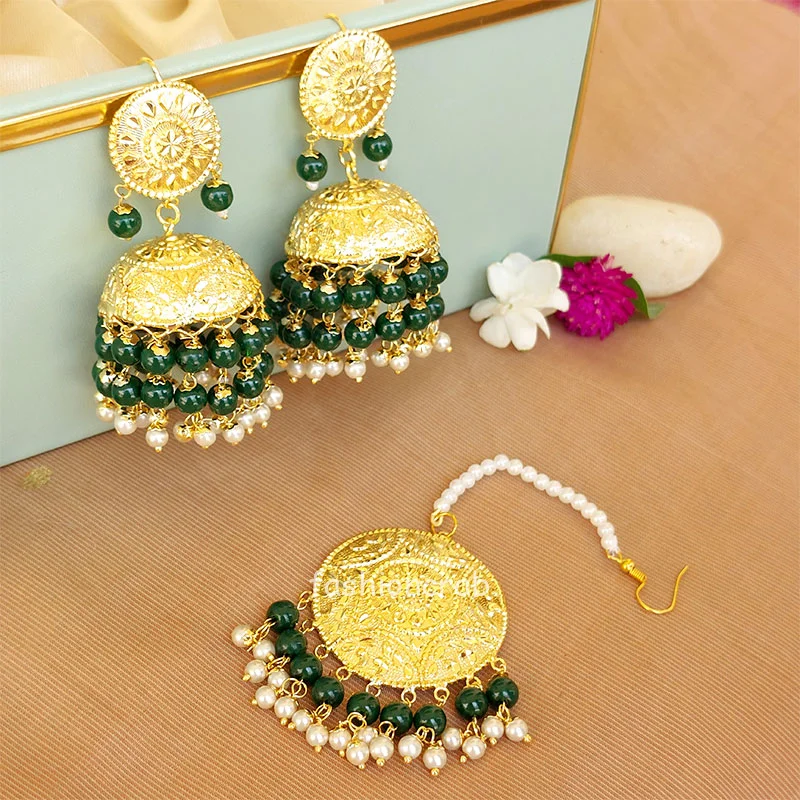 Punjabi Style Dark Green Jhumka with Maangtikka