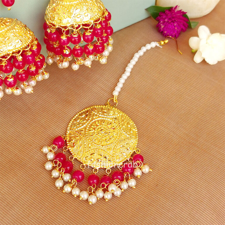 Punjabi Style Rani Pink Jhumka with Maangtikka