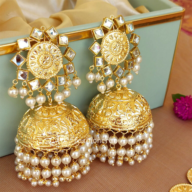 White Big Punjabi Traditional Earrings with Tikka