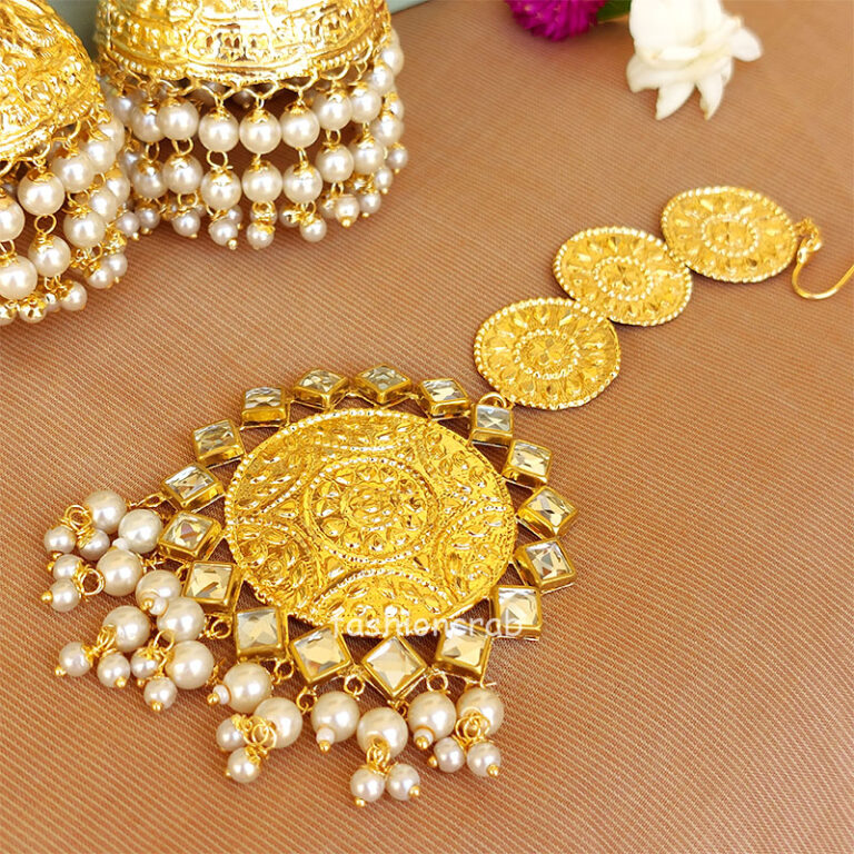 White Big Punjabi Traditional Earrings with Tikka