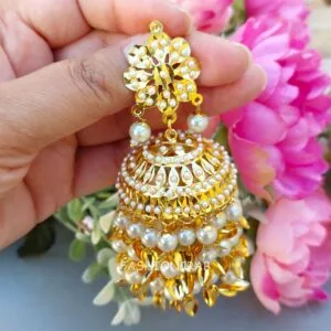 White Heavy Jadau Jhumka Earrings for Punjabi Suit