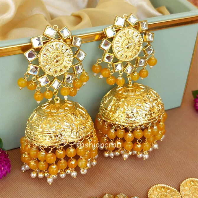 Yellow Big Punjabi Traditional Earrings with Tikka
