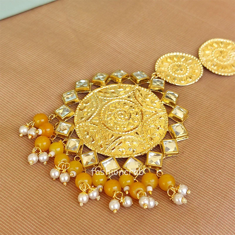 Yellow Big Punjabi Traditional Earrings with Tikka