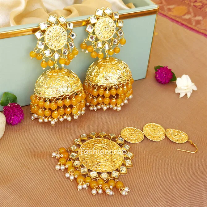 Yellow Big Punjabi Traditional Earrings with Tikka Yellow Big Punjabi Traditional Earrings with Tikka