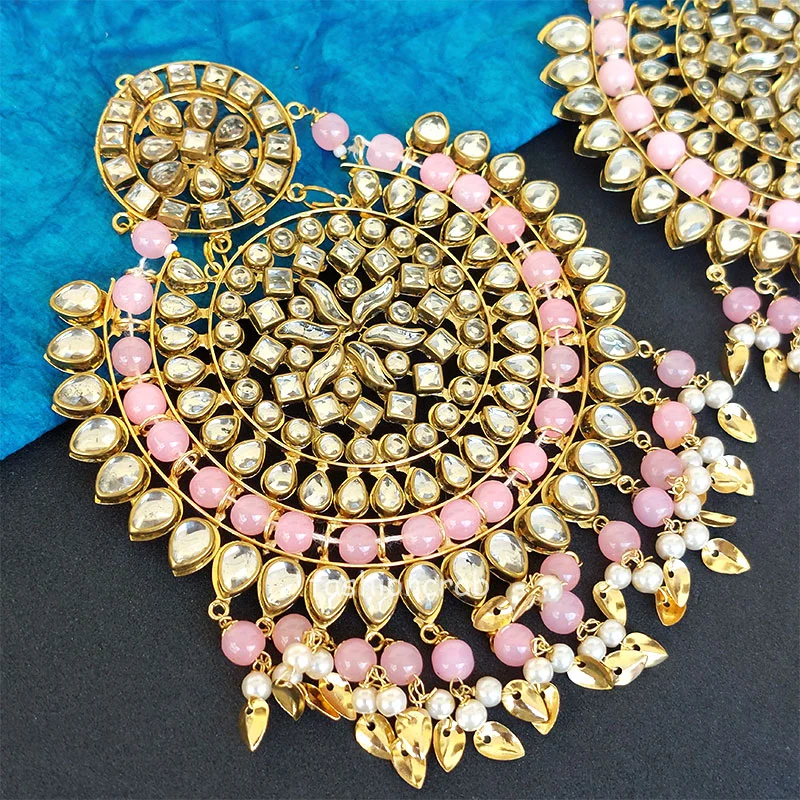 Big Punjabi Tikka Set with Earrings for Women - Light Pink