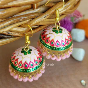 Green Light Pink Pearl Indian Jhumka Earrings