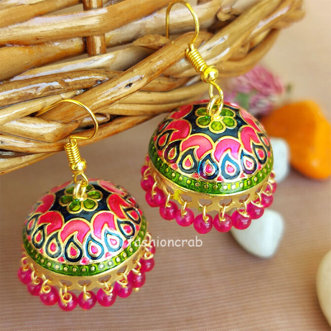 Green Pink Pearl Indian Jhumka Earrings
