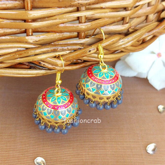 Grey Meenakari Work - Kan ke Jhumke