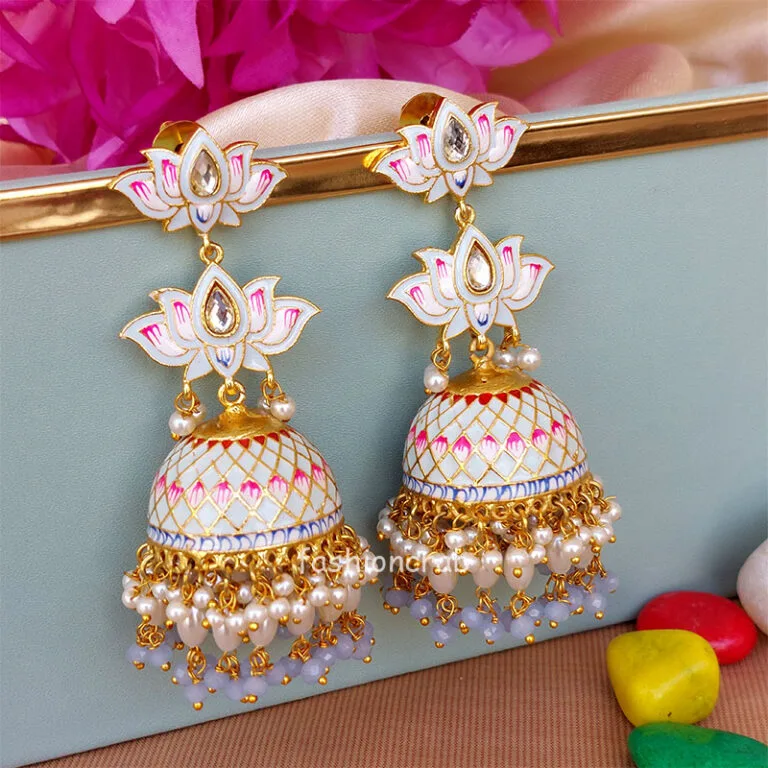 Light Blue Meenakari Lotus Jhumka Earring for Wedding