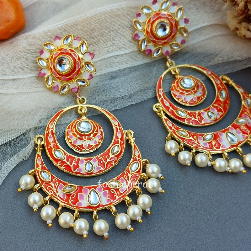 Niharika Chandbali Earrings - Orange