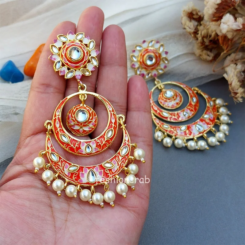 Niharika Chandbali Earrings - Orange