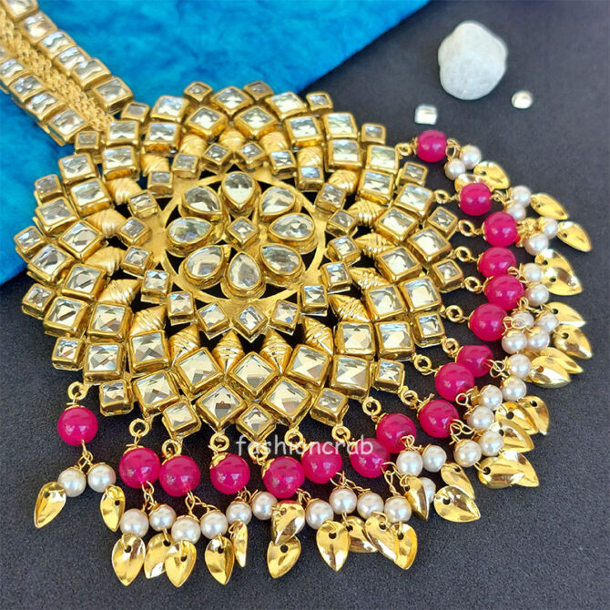 Oversized Kundan Maang Tikka - Pink
