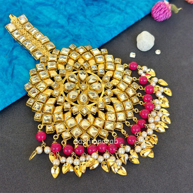 Oversized Kundan Maang Tikka - Pink Oversized Kundan Maang Tikka - Pink
