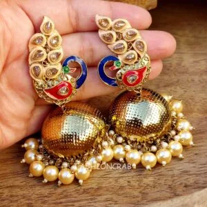 Peacock Jhumka Earrings - Peach