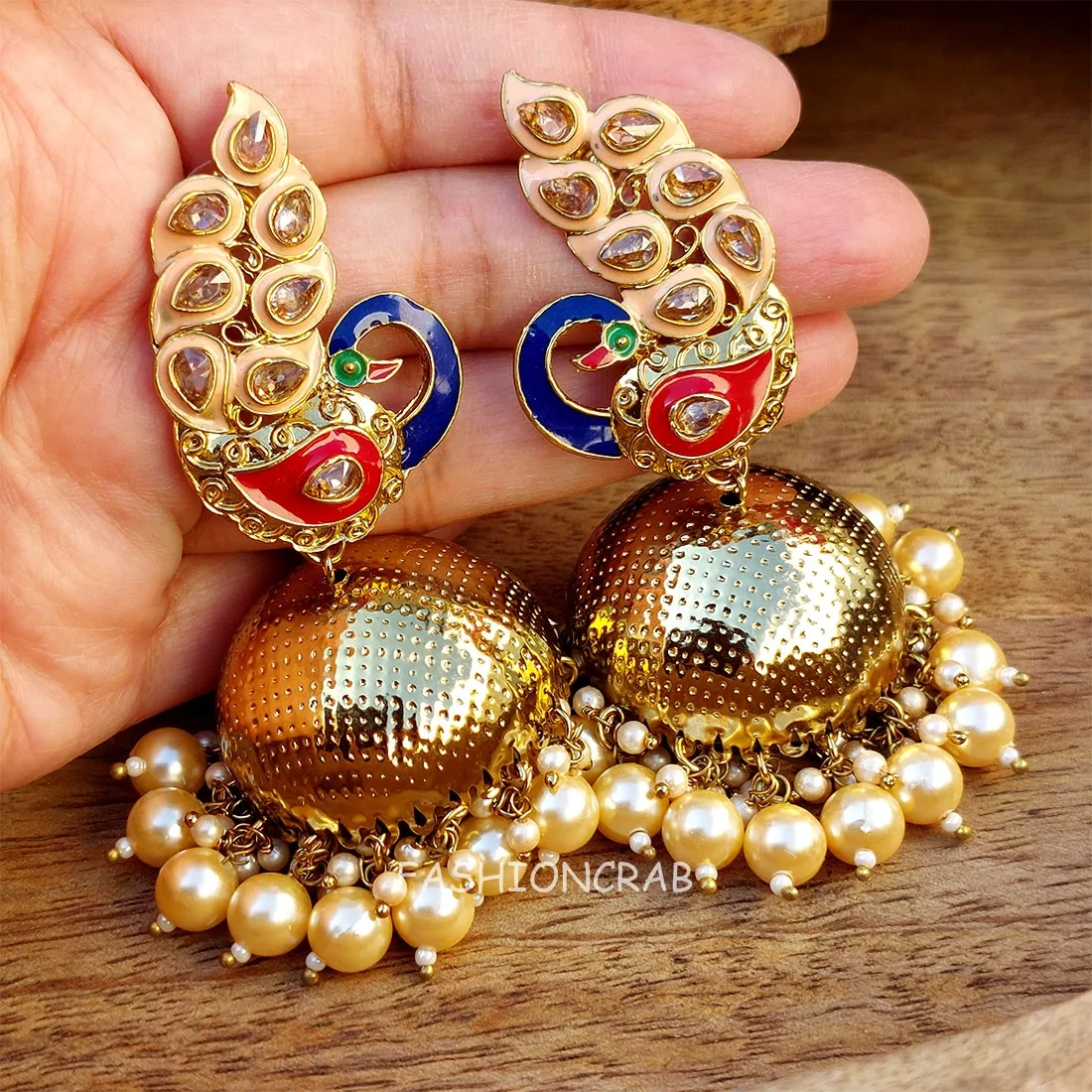 Peacock Jhumka Earrings - Peach