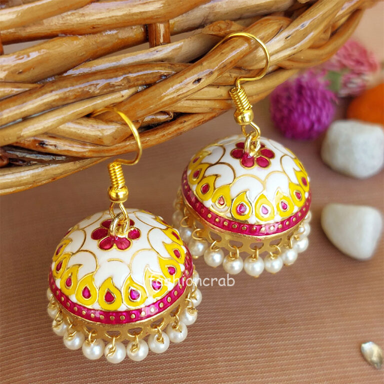 Pink White Pearl Indian Jhumka Earrings
