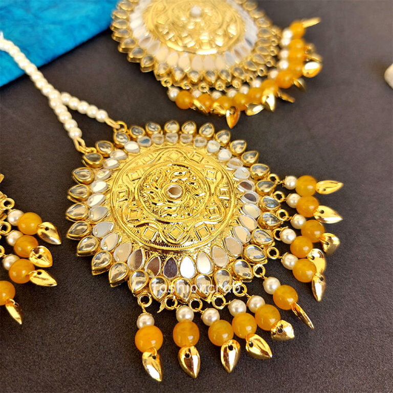 Pipal Patti Earrings Tikka Set - Yellow