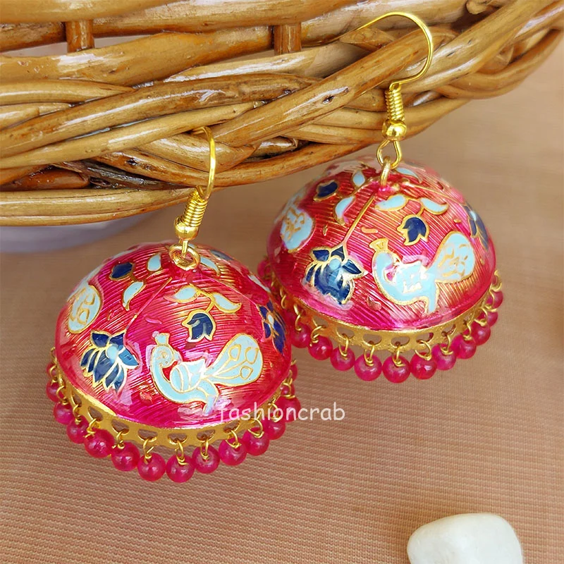 Traditional Peacock Jhumka Earrings for Women – Pink