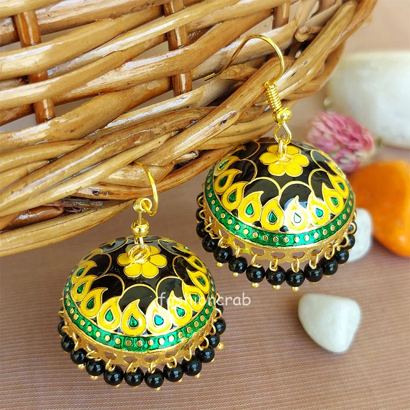 Traditional Pearl Jhumka Earrings - Black Yellow