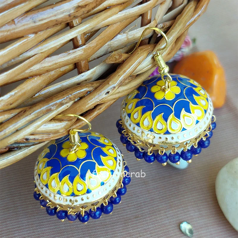 Traditional Pearl Jhumka Earrings - Blue Yellow