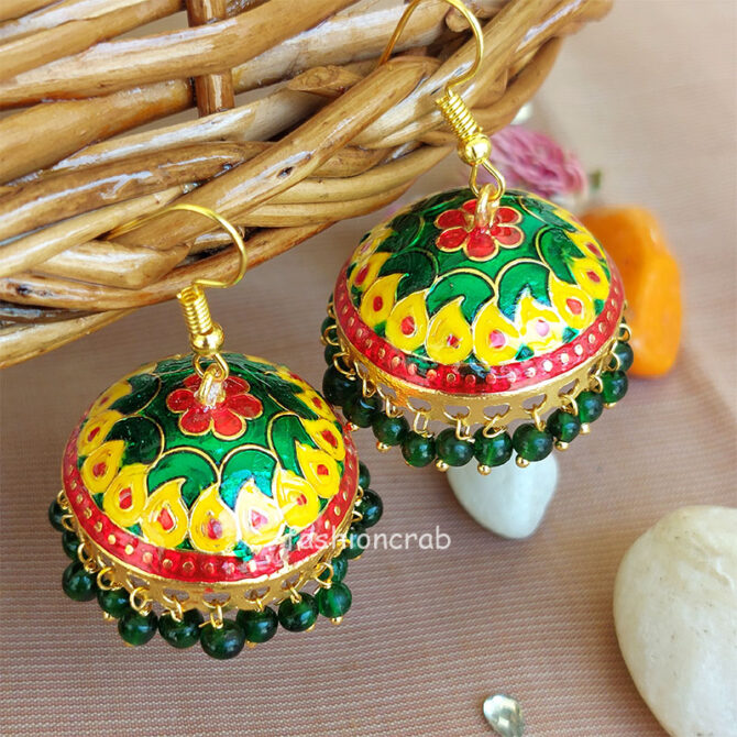Traditional Pearl Jhumka Earrings - Green Yellow Traditional Pearl Jhumka Earrings - Green Yellow