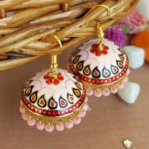 Traditional Pearl Jhumka Earrings - Pink Red