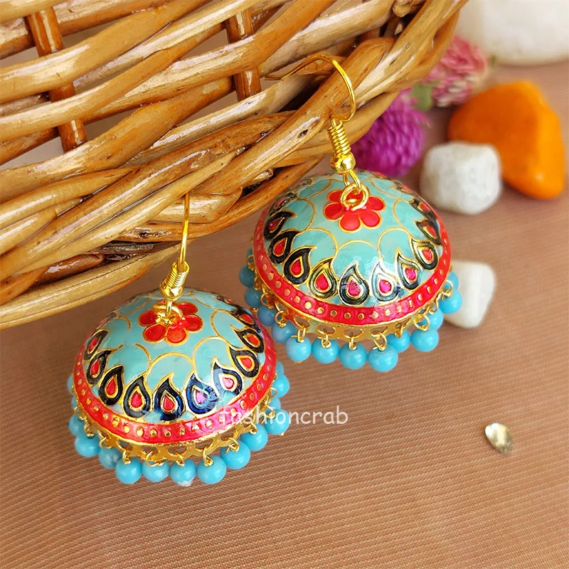 Traditional Pearl Jhumka Earrings - Turquoise Blue