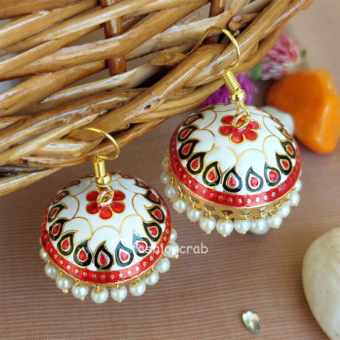 Traditional Pearl Jhumka Earrings - White Red Traditional Pearl Jhumka Earrings - White Red