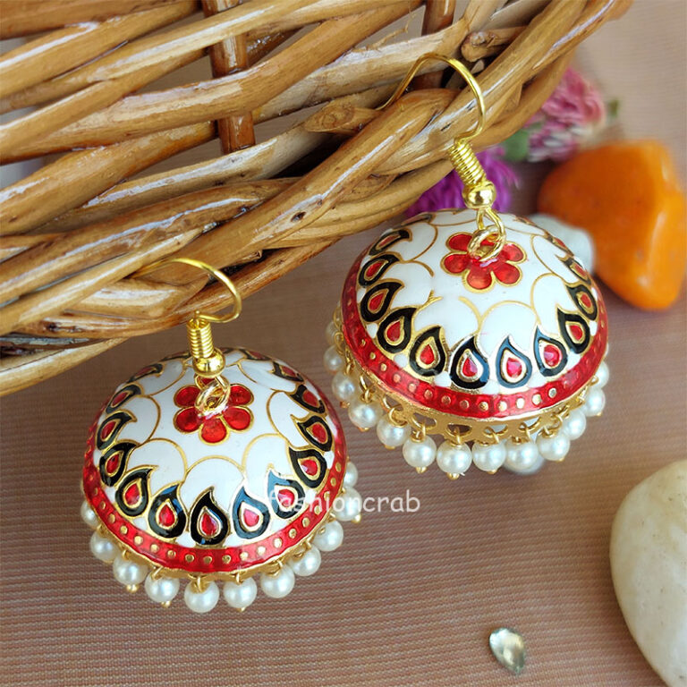 Traditional Pearl Jhumka Earrings - White Red