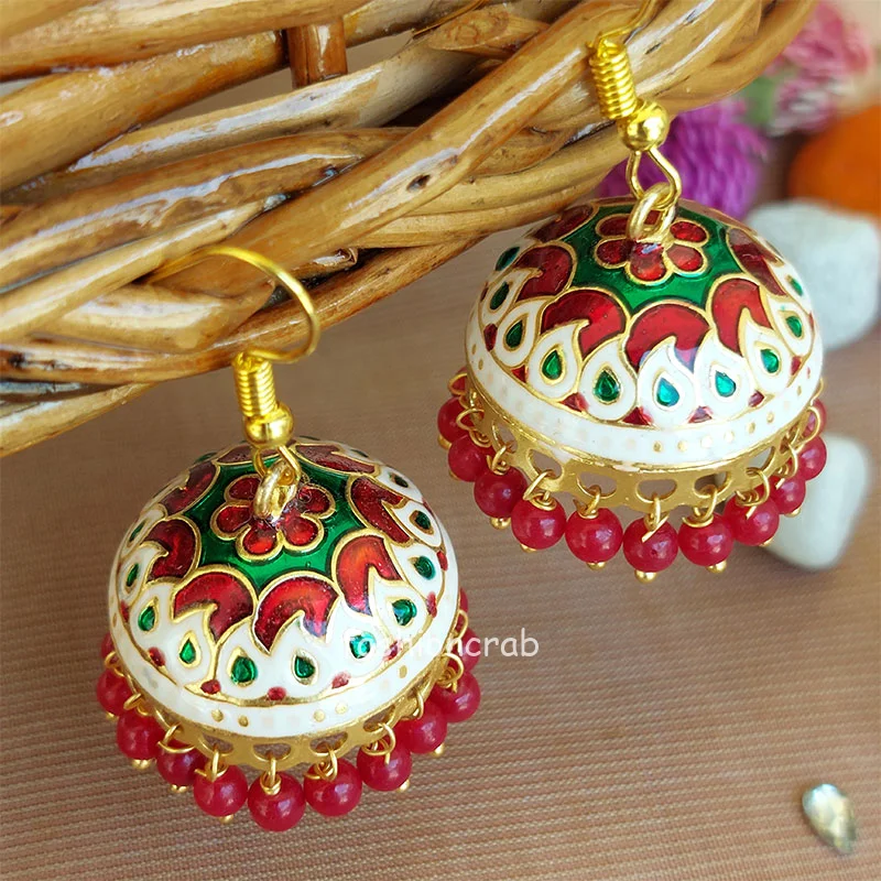 White Red Pearl Indian Jhumka Earrings