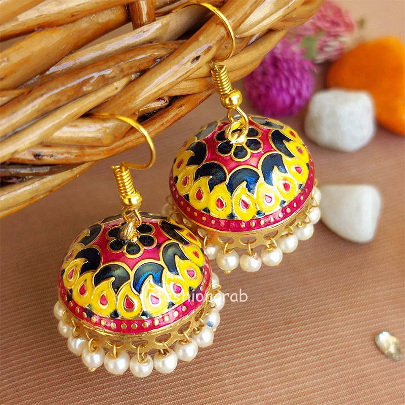 Yellow Blue Pearl Indian Jhumka Earrings