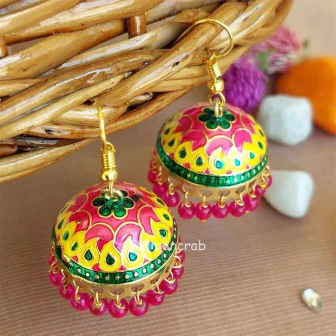 Yellow Pink Pearl Indian Jhumka Earrings Yellow Pink Pearl Indian Jhumka Earrings