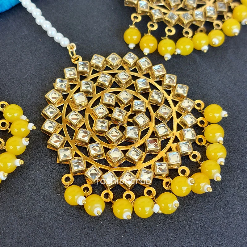 Yellow Punjabi Earrings With Tikka Yellow Gold Plated Traditional