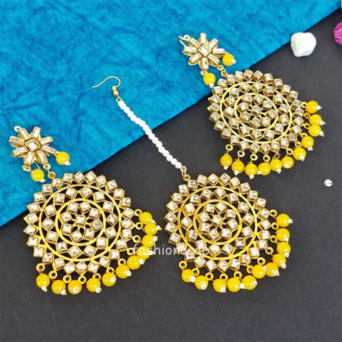 Yellow Punjabi Kundan Tikka Set with Earrings for Women Yellow Punjabi Kundan Tikka Set with Earrings for Women