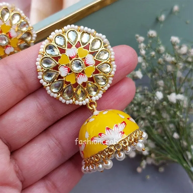Hand Painted Meenakari Yellow Jhumka