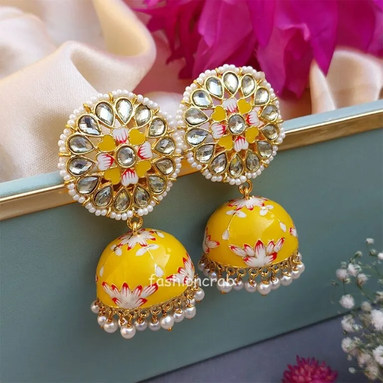 Hand Painted Meenakari Yellow Jhumka