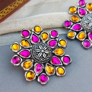 Pink Orange Oxidised Ear Studs for Women