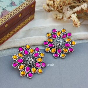 Pink Orange Oxidised Ear Studs for Women