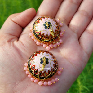 Traditional Pearl Jhumka Earrings - Pink Red