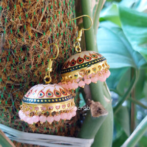 Traditional Pearl Jhumka Earrings - Pink Red