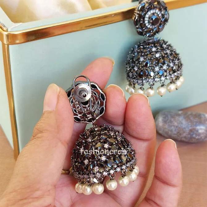 American Diamond Black Color Jhumka Earrings