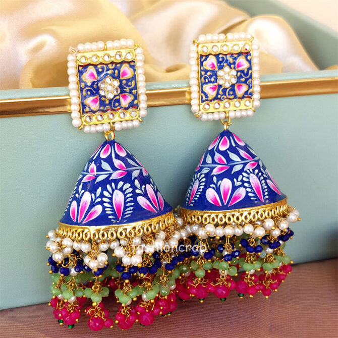 Big Blue Meenakari Pearl Jhumka Earring for Wedding