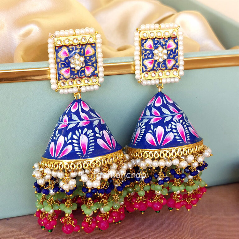 Big Blue Meenakari Pearl Jhumka Earring for Wedding