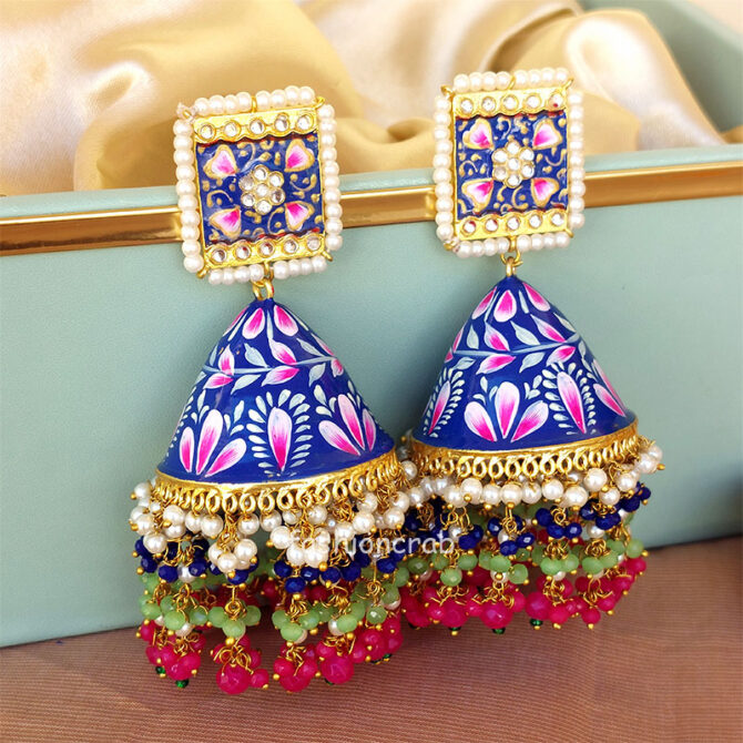 Big Blue Meenakari Pearl Jhumka Earring for Wedding Big Blue Meenakari Pearl Jhumka Earring for Wedding