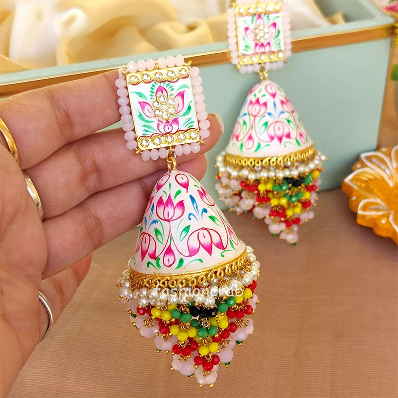 Big Light Pink Meenakari Layered Jhumka Pearl Earring